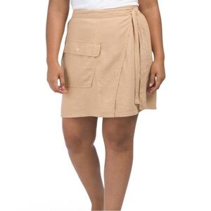 Rachel Roy Linen blend Faux Wrap Skirt Size large Beige Tan with Pocket beach